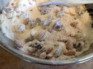 Add fruit and nuts to flour mixture
