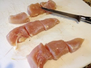 Cut chicken tender into thirds